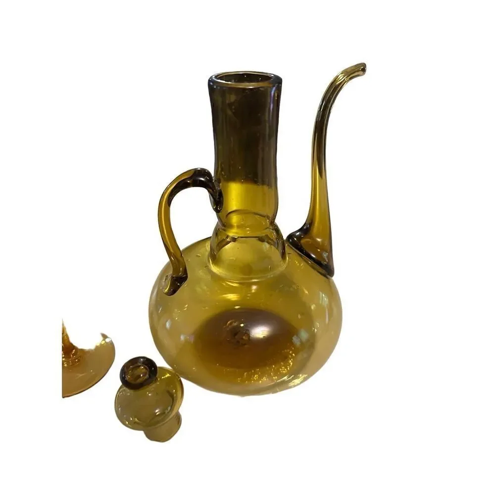 Vintage Cruet Side Spout Amber Glass Decanter  Pitcher Handblown & 2 Glasses MCM
